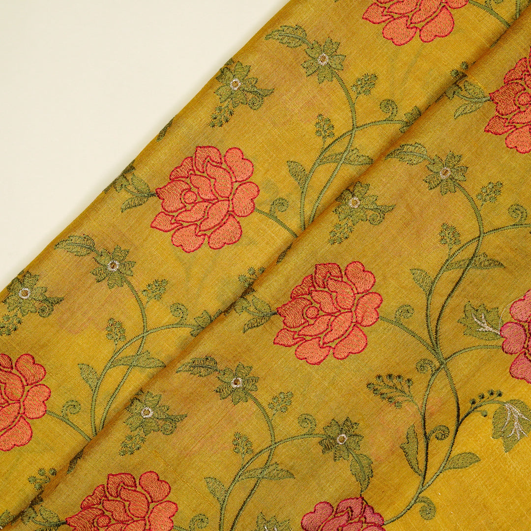 Reemah Jaal On Dusky Gold Tussar Silk Embroidered Fabric