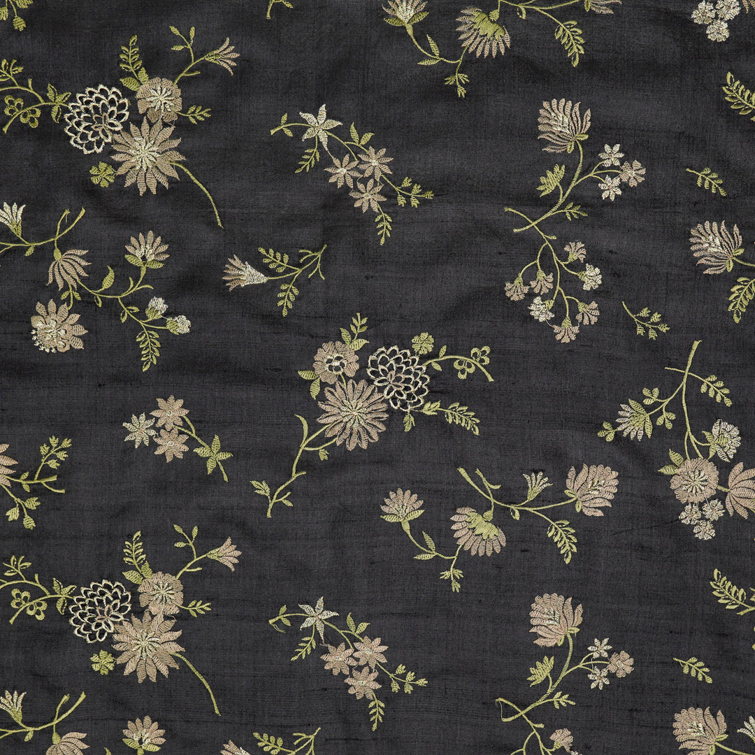 Mahzar Jaal On Black Tussar Silk Embroidered Fabric