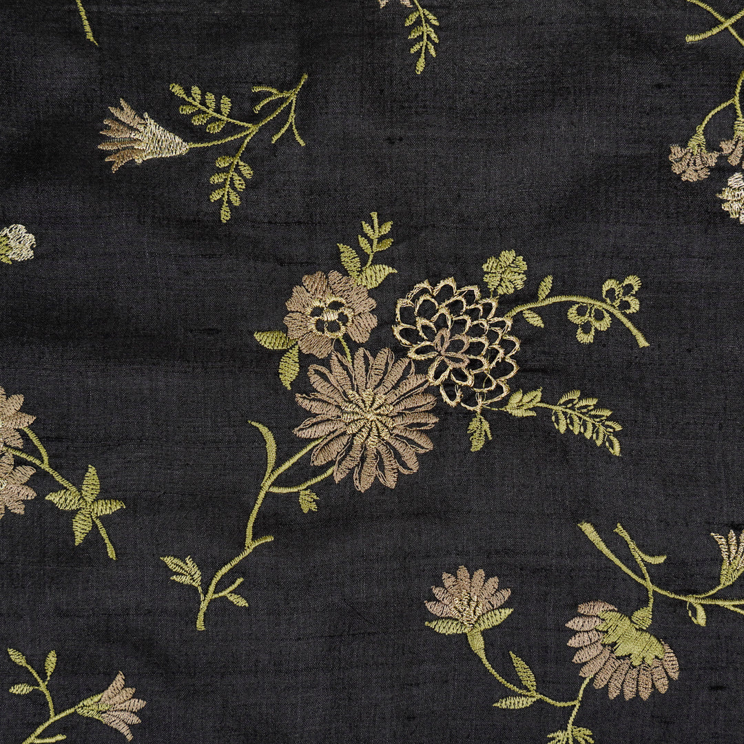 Mahzar Jaal On Black Tussar Silk Embroidered Fabric