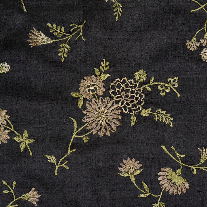 Mahzar Jaal On Black Tussar Silk Embroidered Fabric