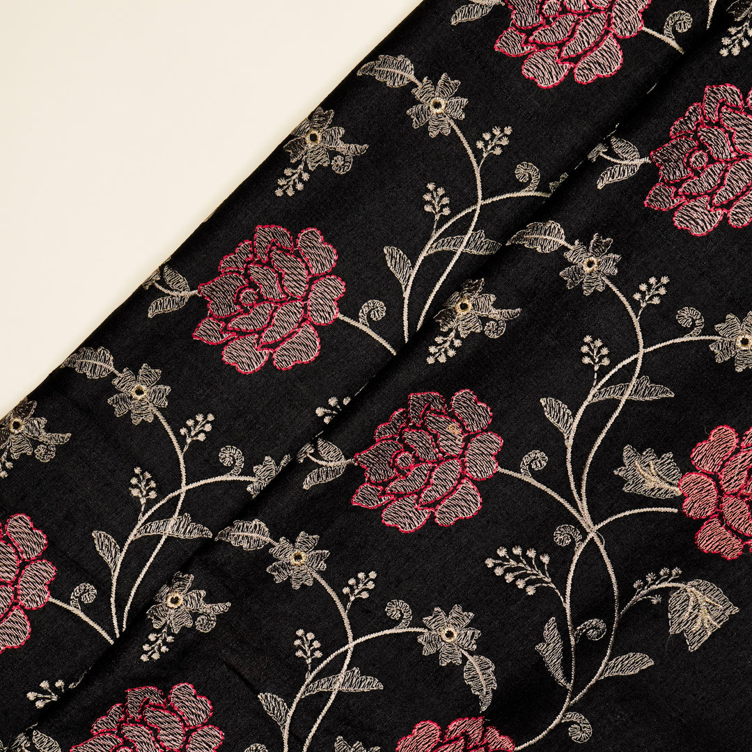 Reemah Jaal On Black Tussar Silk Embroidered Fabric