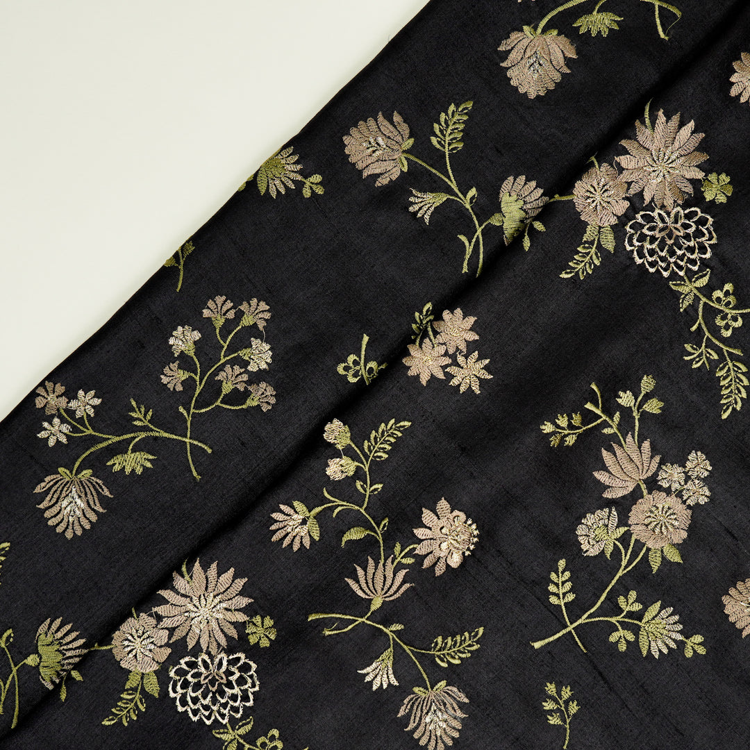 Mahzar Jaal On Black Tussar Silk Embroidered Fabric