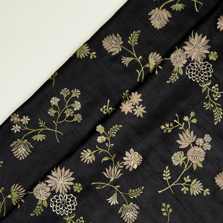 Mahzar Jaal On Black Tussar Silk Embroidered Fabric