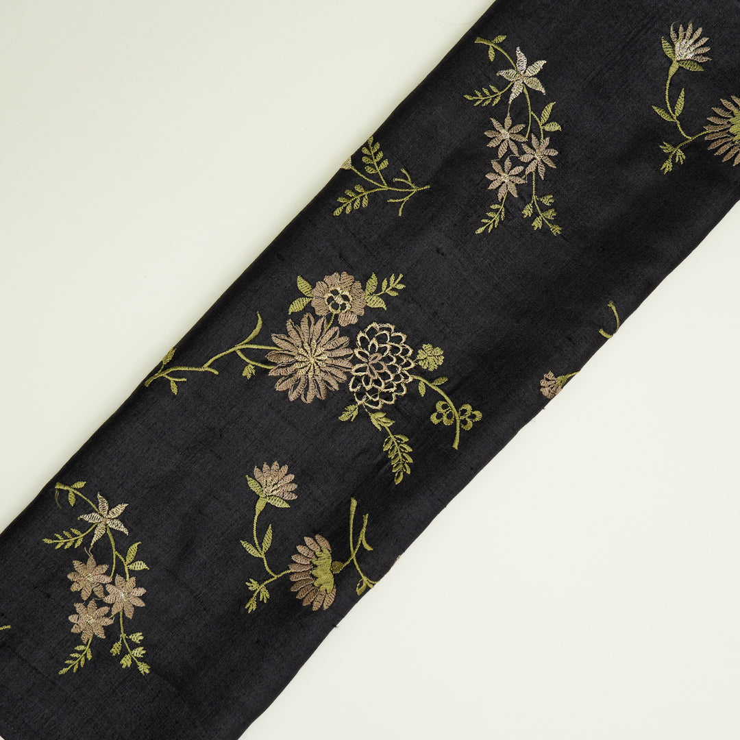 Mahzar Jaal On Black Tussar Silk Embroidered Fabric