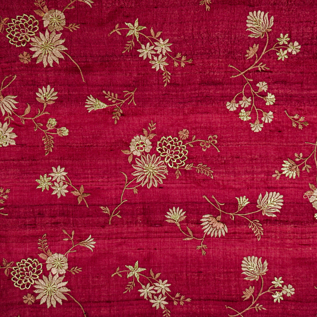 Mahzar Jaal On Magenta Tussar Silk Embroidered Fabric