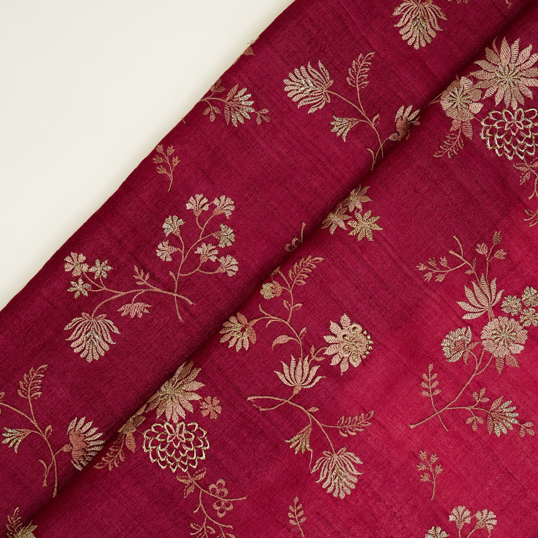 Mahzar Jaal On Magenta Tussar Silk Embroidered Fabric