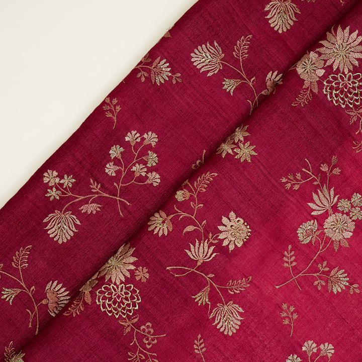 Mahzar Jaal On Magenta Tussar Silk Embroidered Fabric