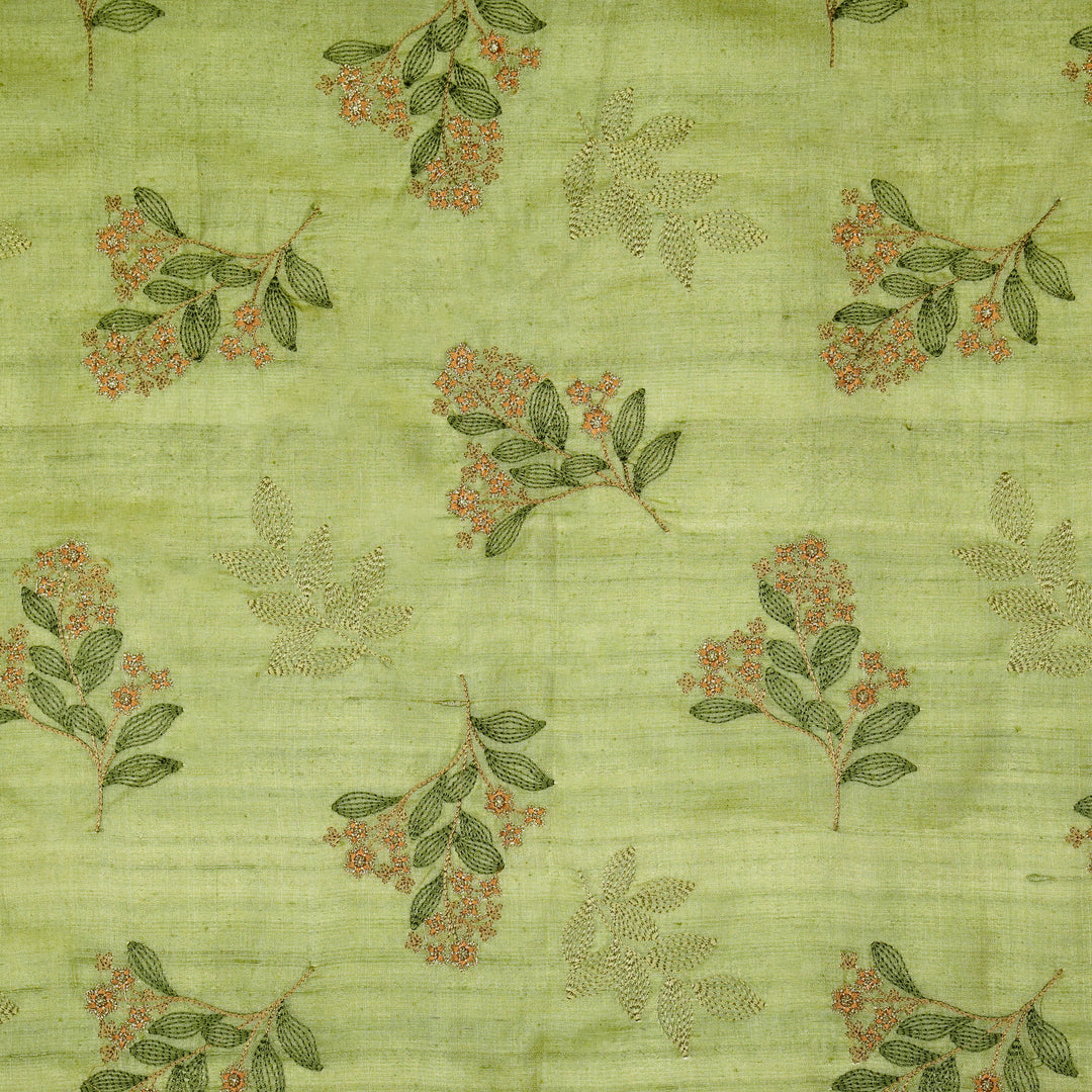 Kisalay Buta On Olive Green Tussar Silk Embroidered Fabric