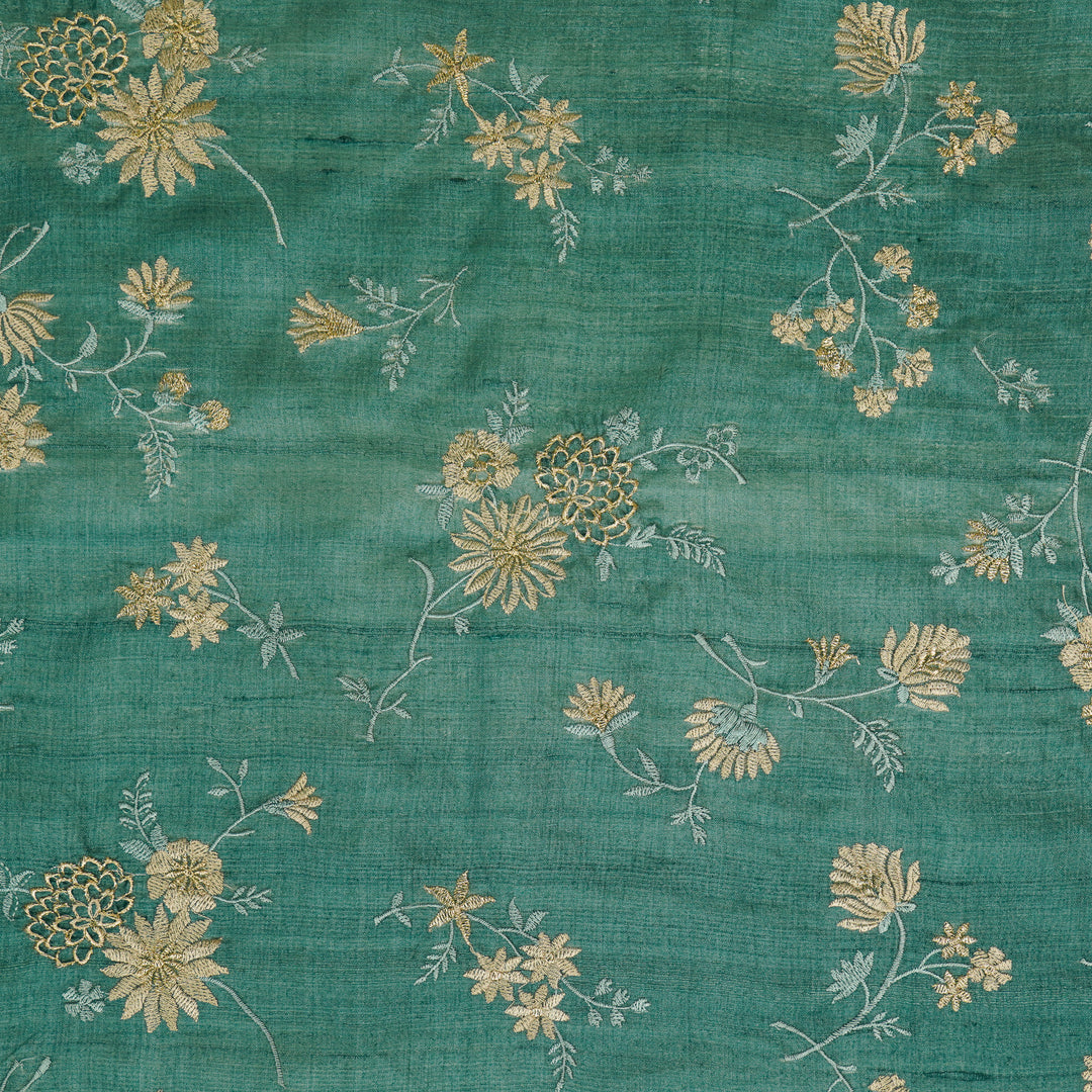 Mahzar Jaal On Teal Tussar Silk Embroidered Fabric