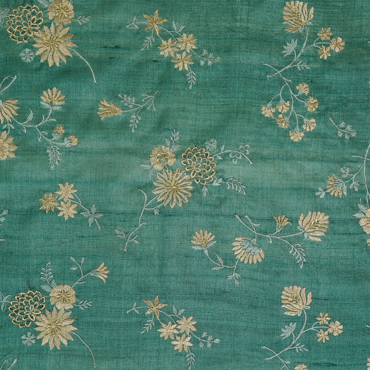 Mahzar Jaal On Teal Tussar Silk Embroidered Fabric