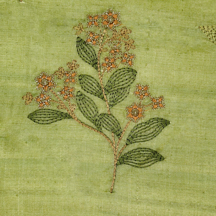 Kisalay Buta On Olive Green Tussar Silk Embroidered Fabric