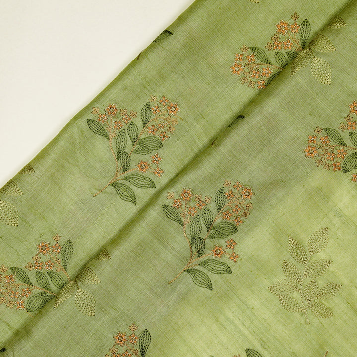 Kisalay Buta On Olive Green Tussar Silk Embroidered Fabric