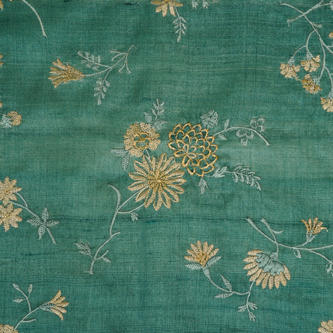 Mahzar Jaal On Teal Tussar Silk Embroidered Fabric