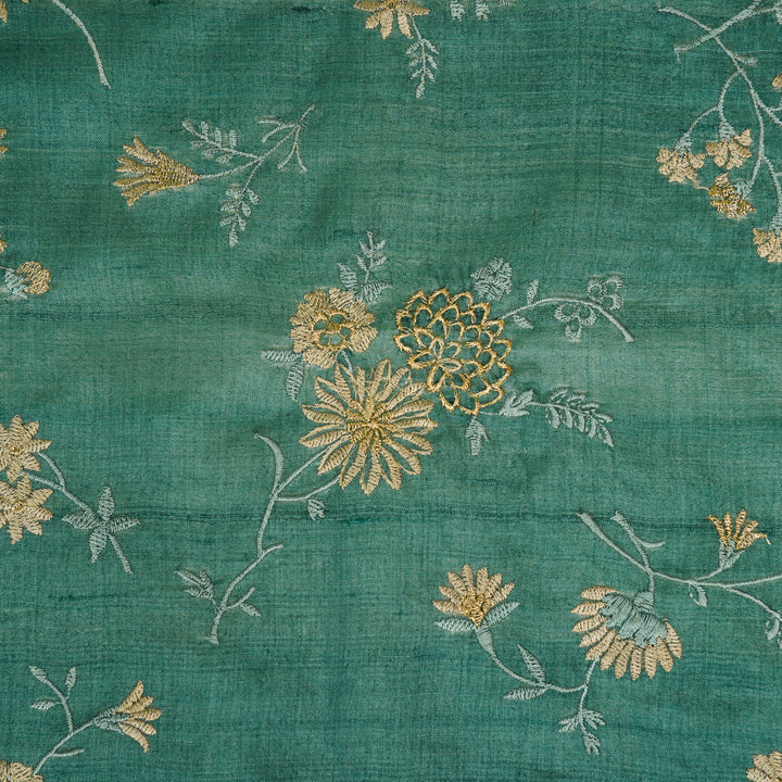 Mahzar Jaal On Teal Tussar Silk Embroidered Fabric