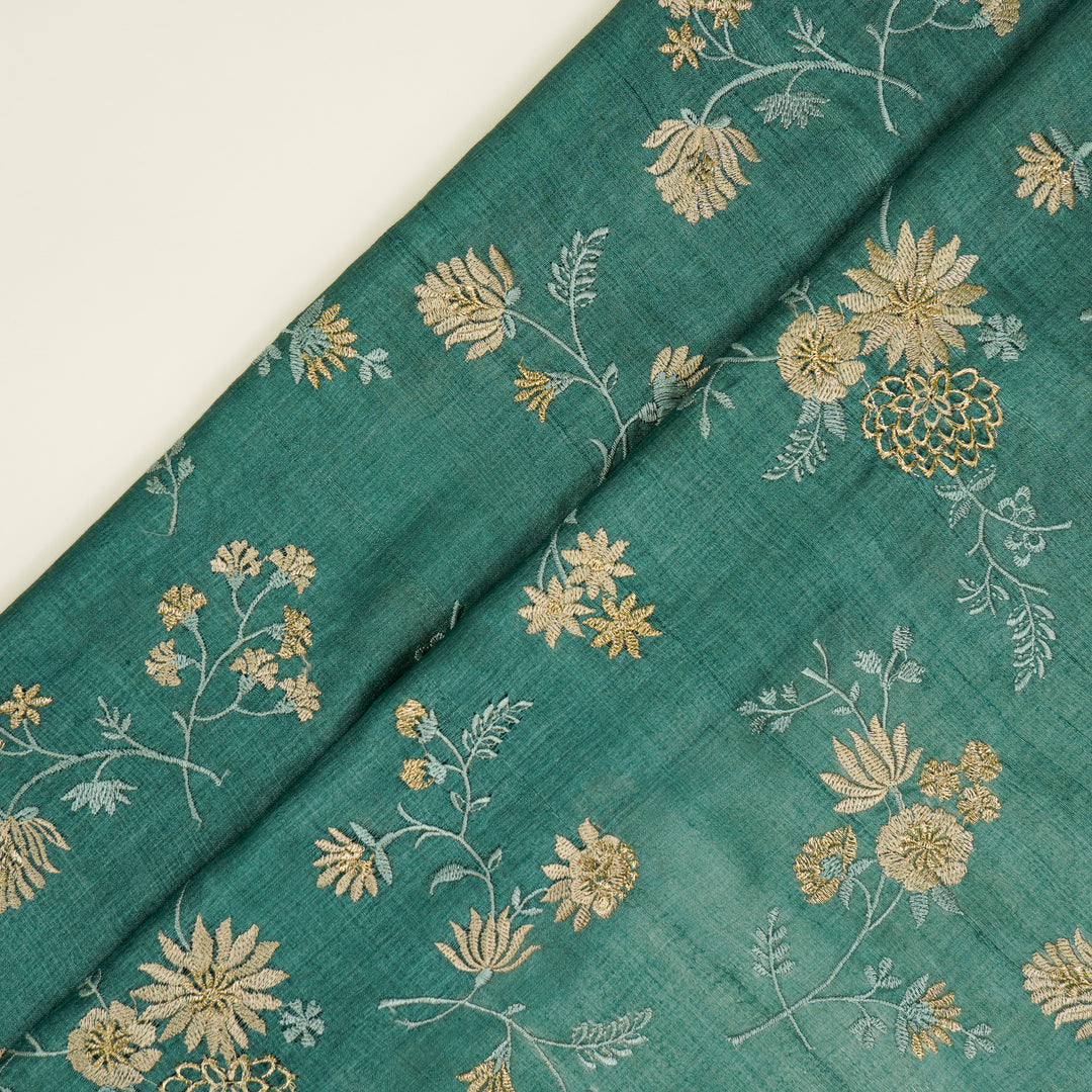 Mahzar Jaal On Teal Tussar Silk Embroidered Fabric