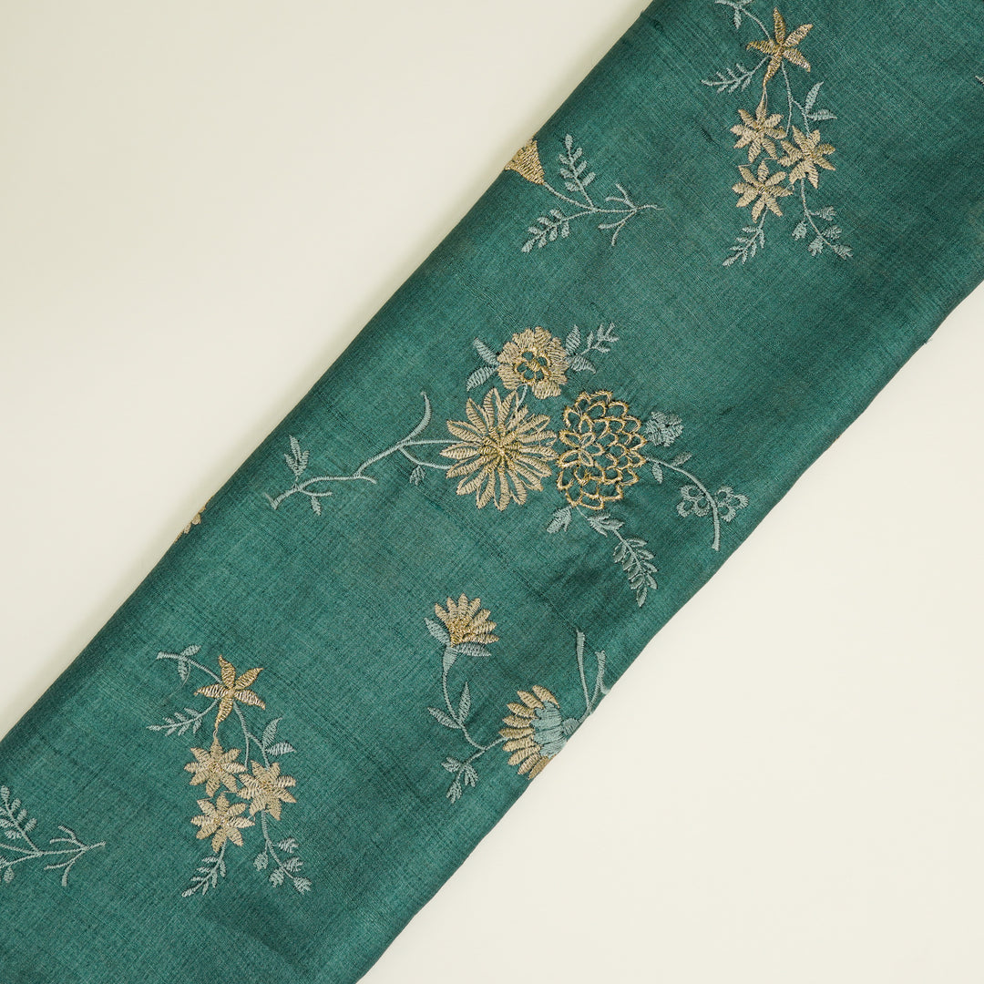 Mahzar Jaal On Teal Tussar Silk Embroidered Fabric