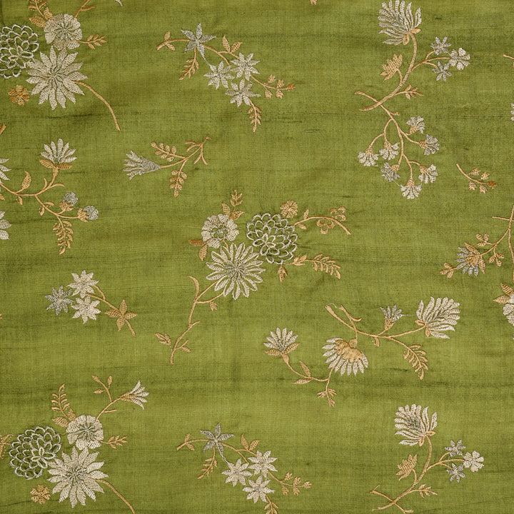 Mahzar Jaal On Olive Tussar Silk Embroidered Fabric