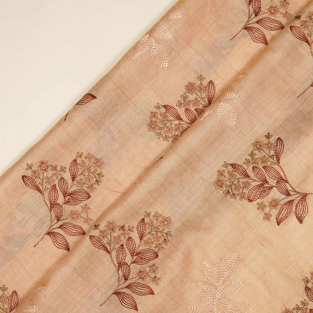 Kisalay Buta On Light Peach Tussar Silk Embroidered Fabric