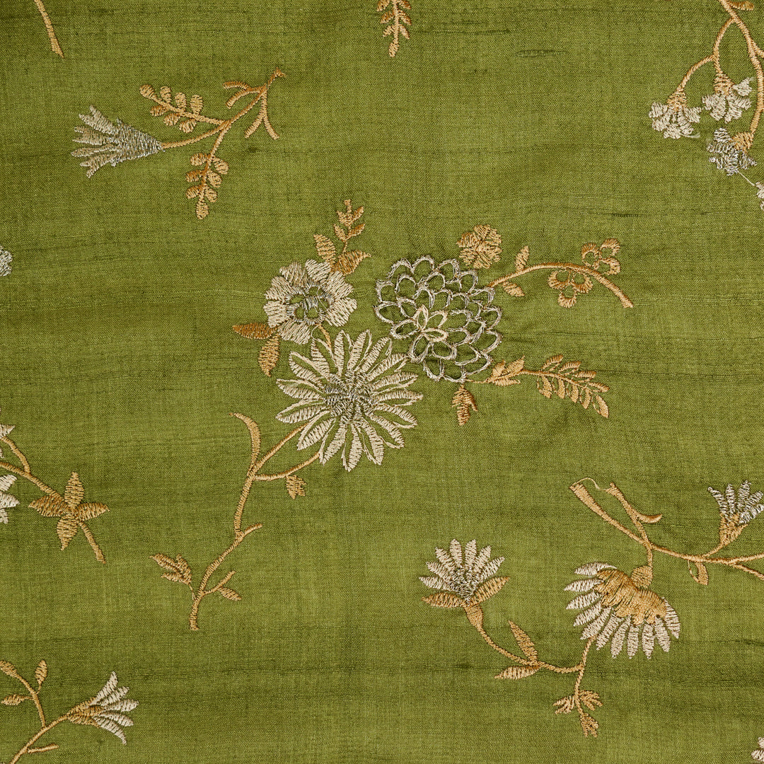 Mahzar Jaal On Olive Tussar Silk Embroidered Fabric