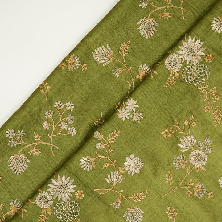 Mahzar Jaal On Olive Tussar Silk Embroidered Fabric