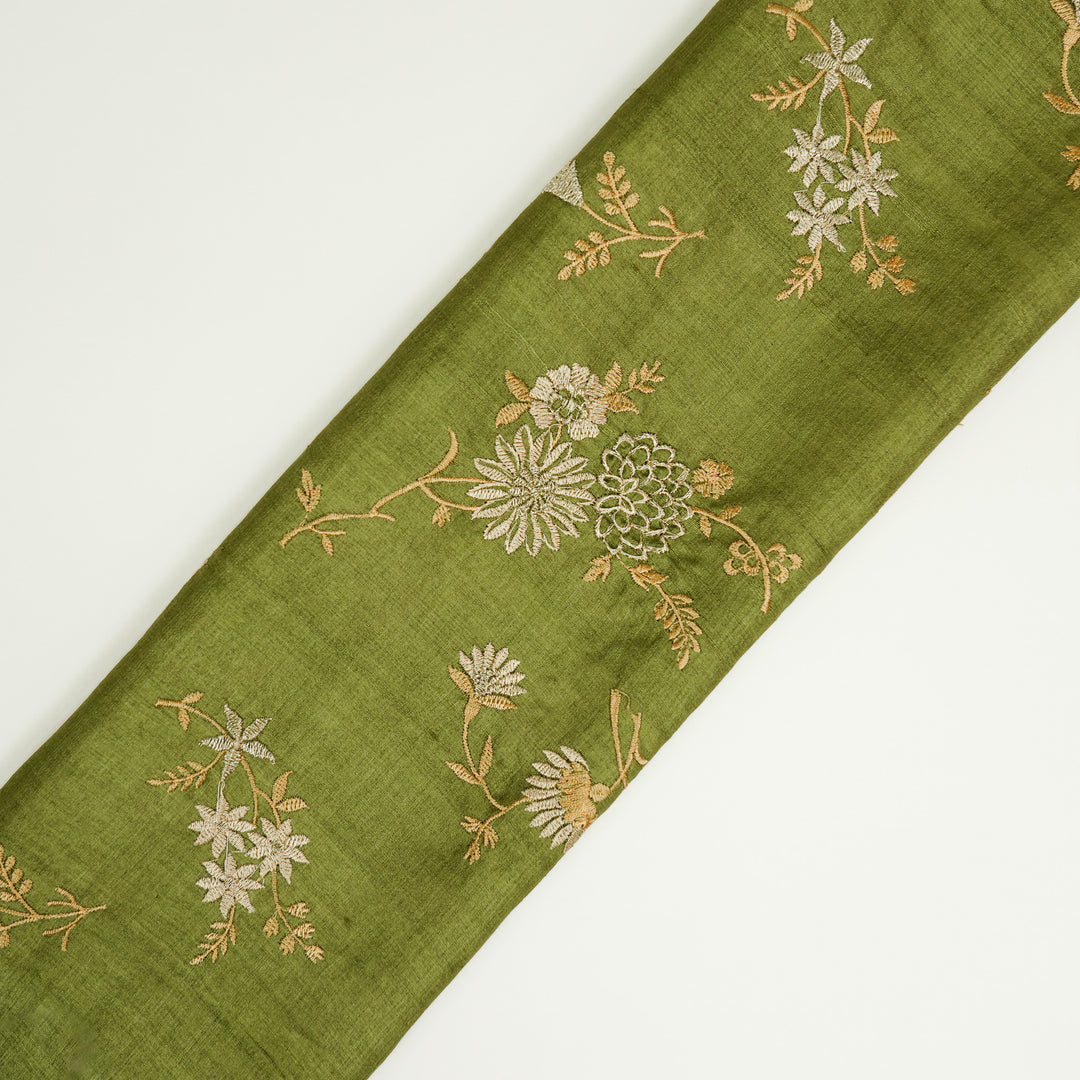 Mahzar Jaal On Olive Tussar Silk Embroidered Fabric