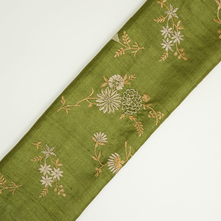 Mahzar Jaal On Olive Tussar Silk Embroidered Fabric