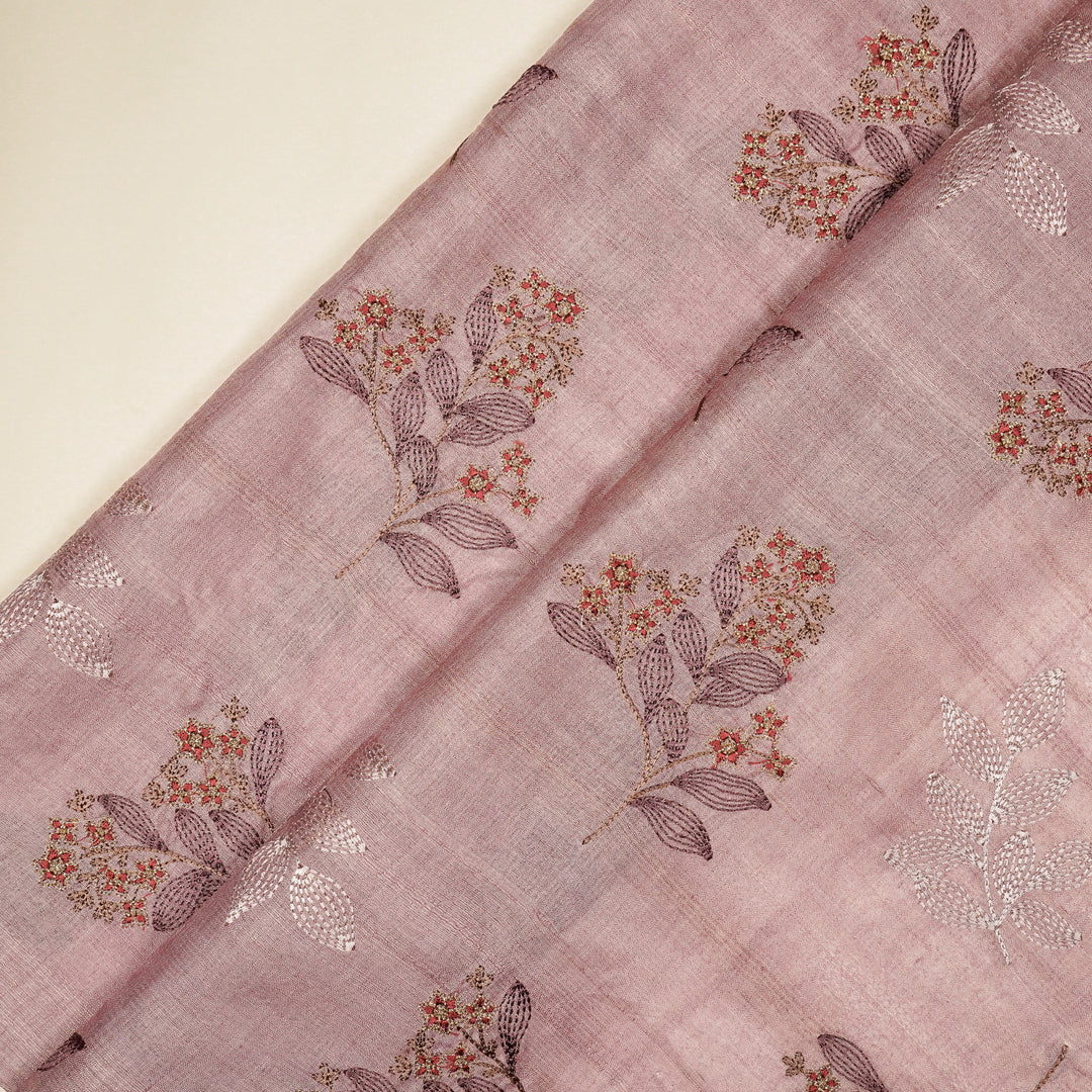 Kisalay Buta On Lilac Tussar Silk Embroidered Fabric