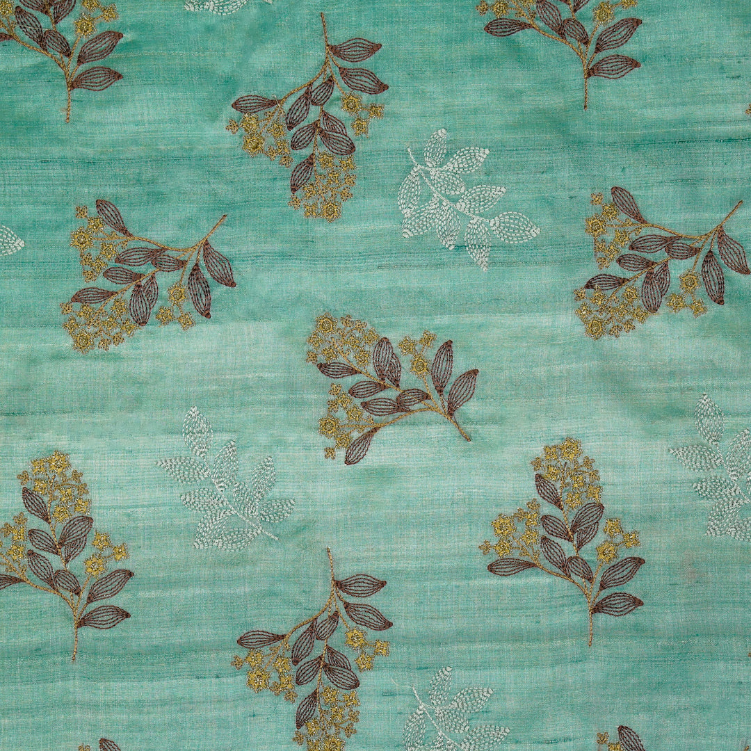 Kisalay Buta On Aqua Blue Tussar Silk Embroidered Fabric