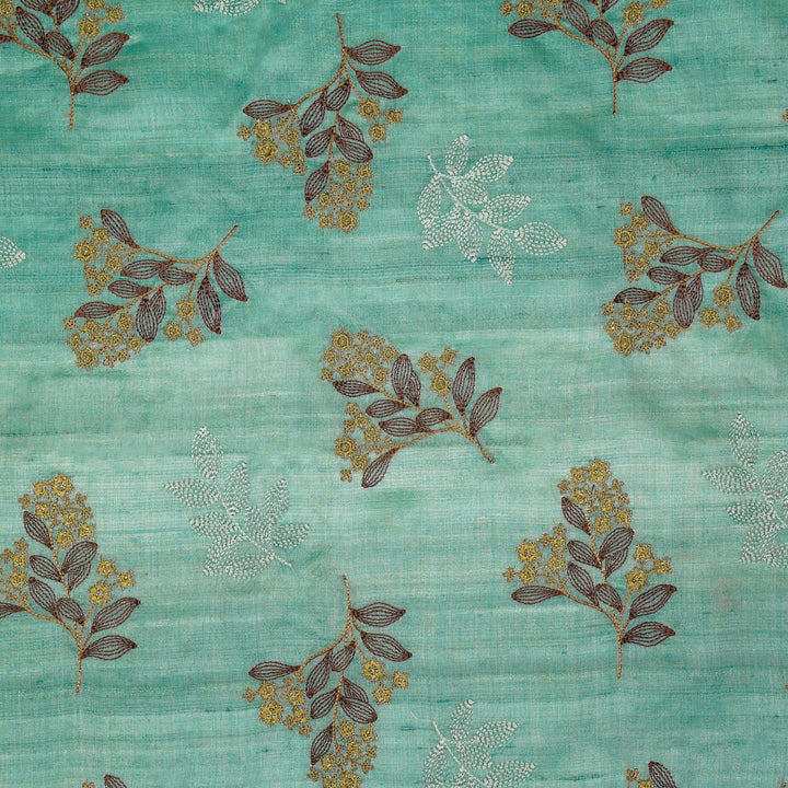 Kisalay Buta On Aqua Blue Tussar Silk Embroidered Fabric