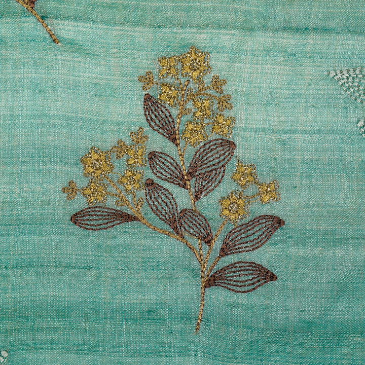 Kisalay Buta On Aqua Blue Tussar Silk Embroidered Fabric