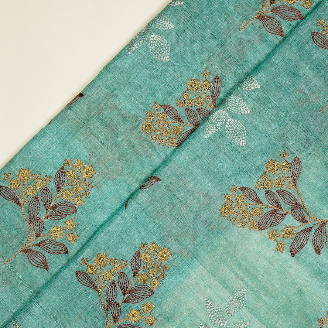 Kisalay Buta On Aqua Blue Tussar Silk Embroidered Fabric