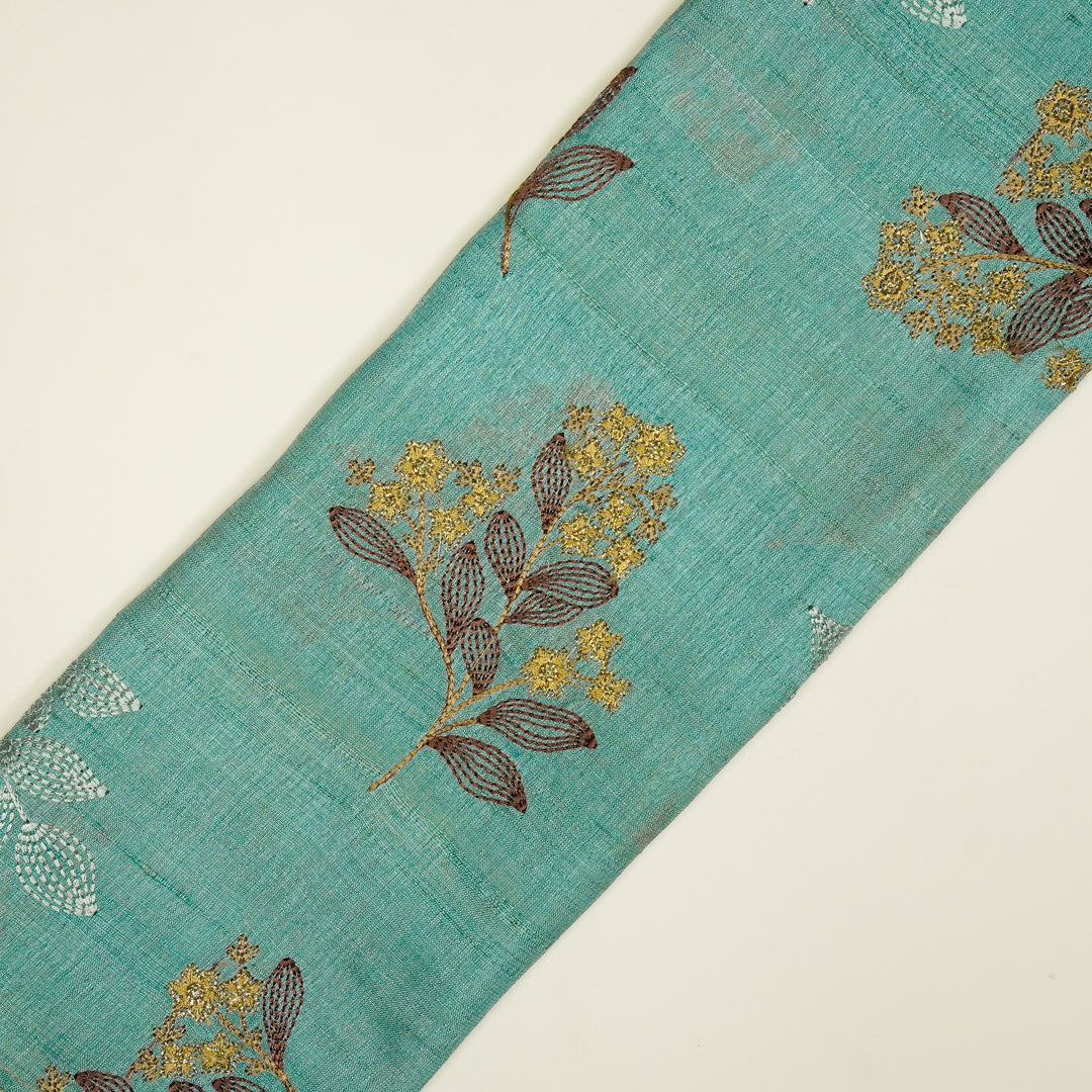Kisalay Buta On Aqua Blue Tussar Silk Embroidered Fabric