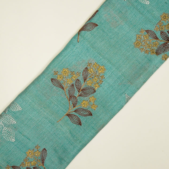 Kisalay Buta On Aqua Blue Tussar Silk Embroidered Fabric