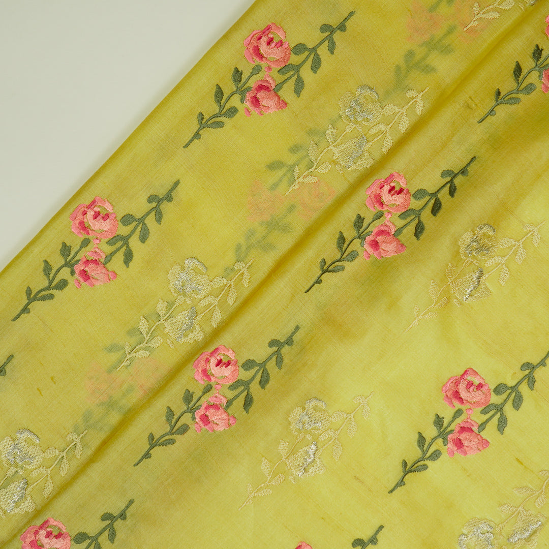 Noura Buta On Lemon Tussar Silk Embroidered Fabric