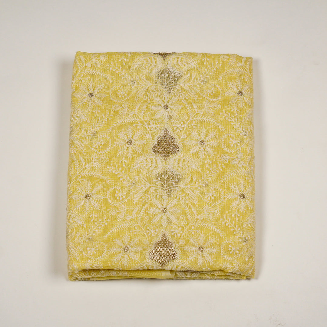 Chikankari Zardozi Jaal Suit Fabric Set On Munga Kota (Unstitched)- Lemon