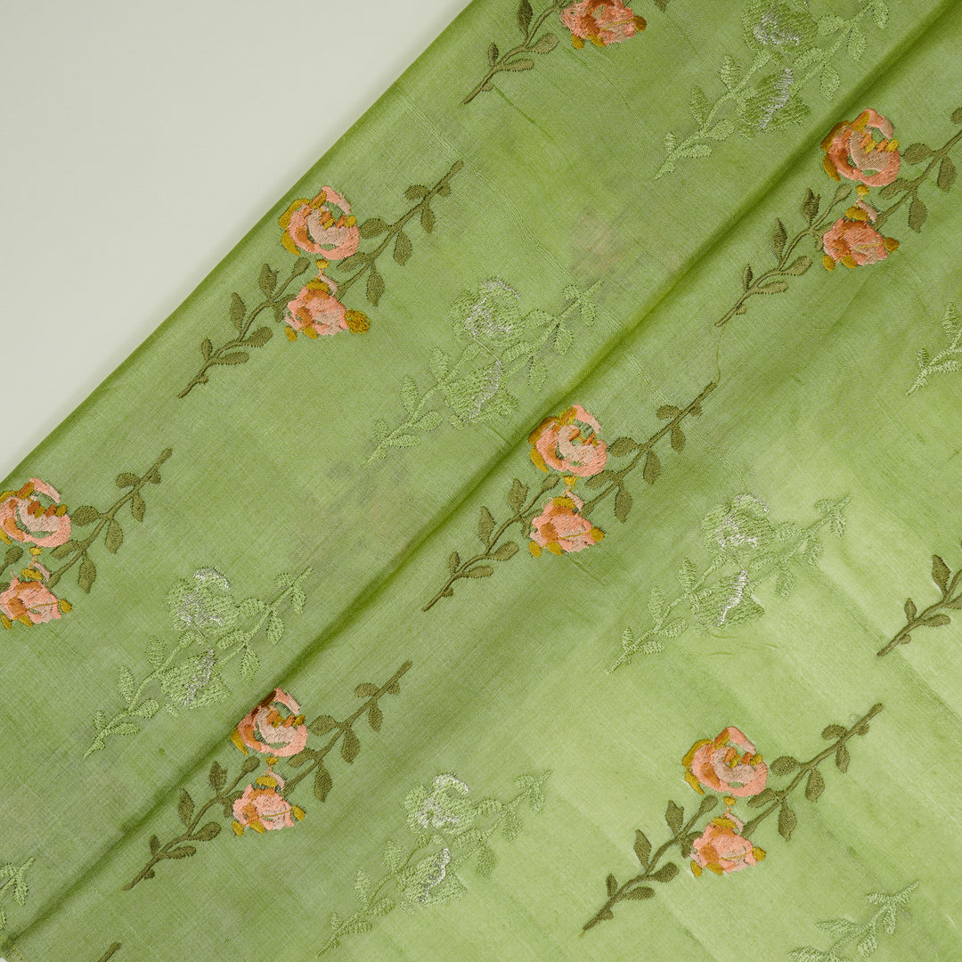 Noura Buta On Pista Green Tussar Silk Embroidered Fabric