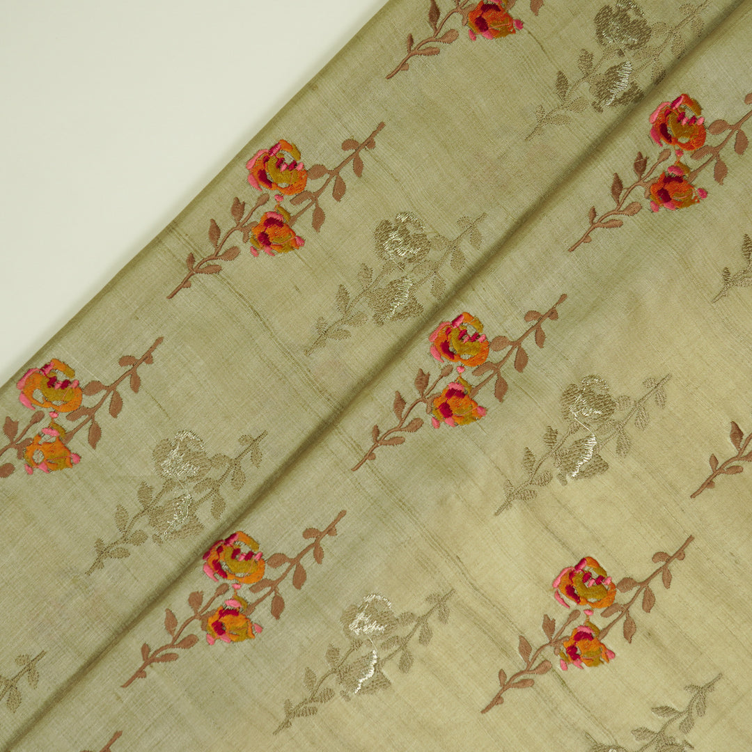 Noura Buta On Beige Tussar Silk Embroidered Fabric