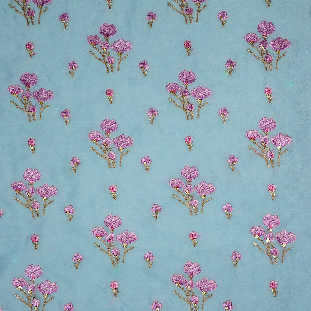 Intisar Buta Buti Mixture on Sky Blue Luxe Silk Chanderi Embroidered Fabric