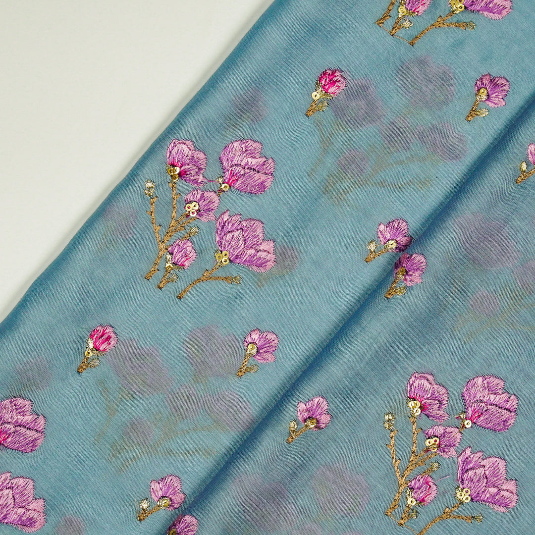 Intisar Buta Buti Mixture on Sky Blue Luxe Silk Chanderi Embroidered Fabric