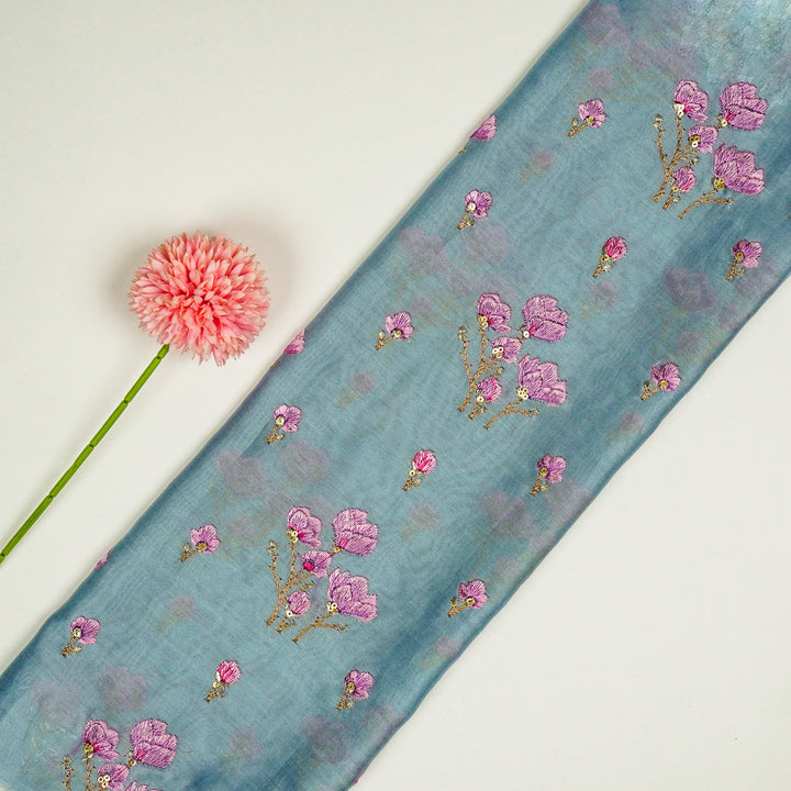 Intisar Buta Buti Mixture on Sky Blue Luxe Silk Chanderi Embroidered Fabric