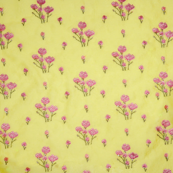 Intisar Buta Buti Mixture on Lemon Luxe Silk Chanderi Embroidered Fabric