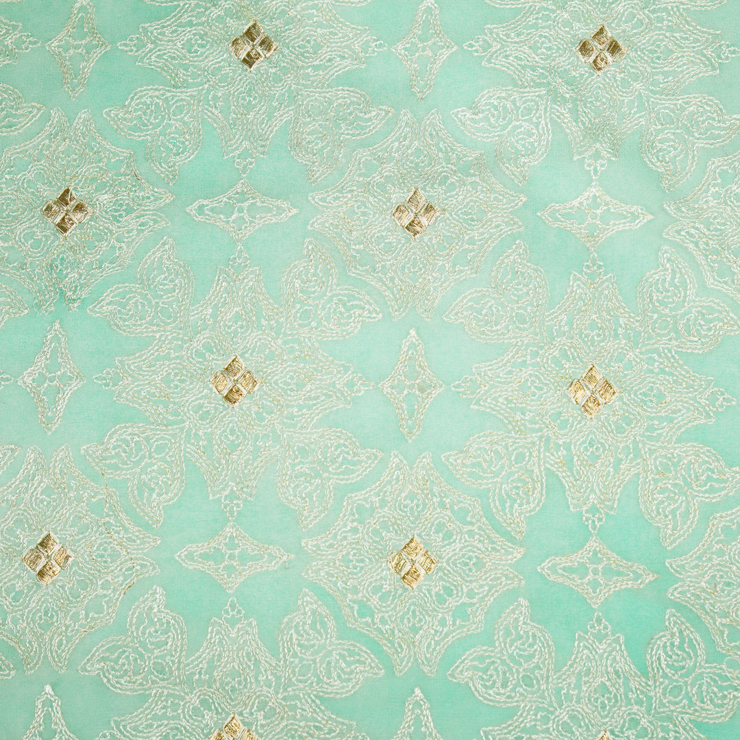 Afra Jaal on Turquoise Silk Chanderi Embroidered Fabric