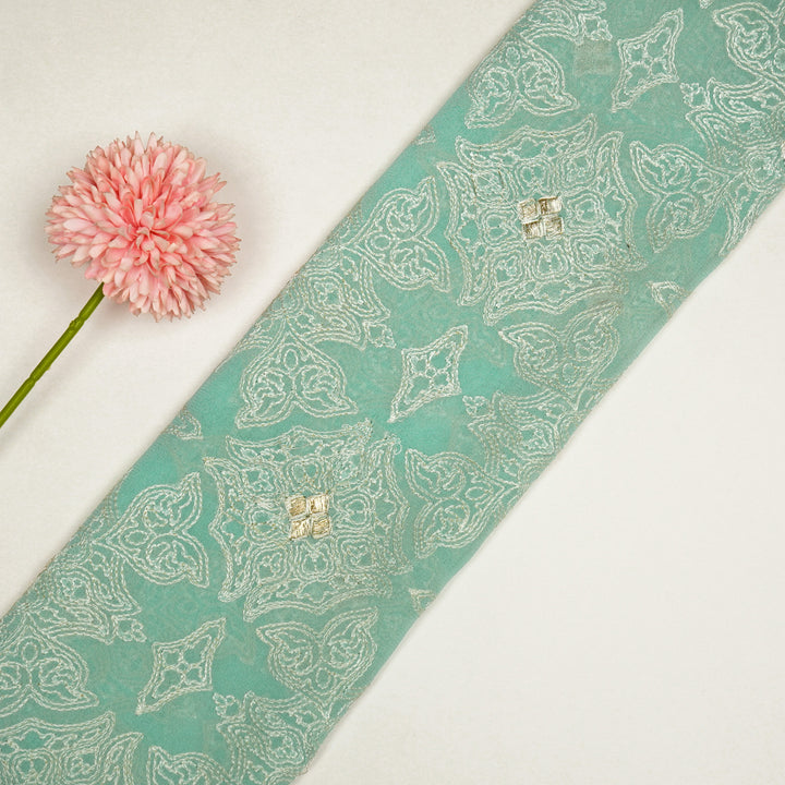 Afra Jaal on Turquoise Silk Chanderi Embroidered Fabric