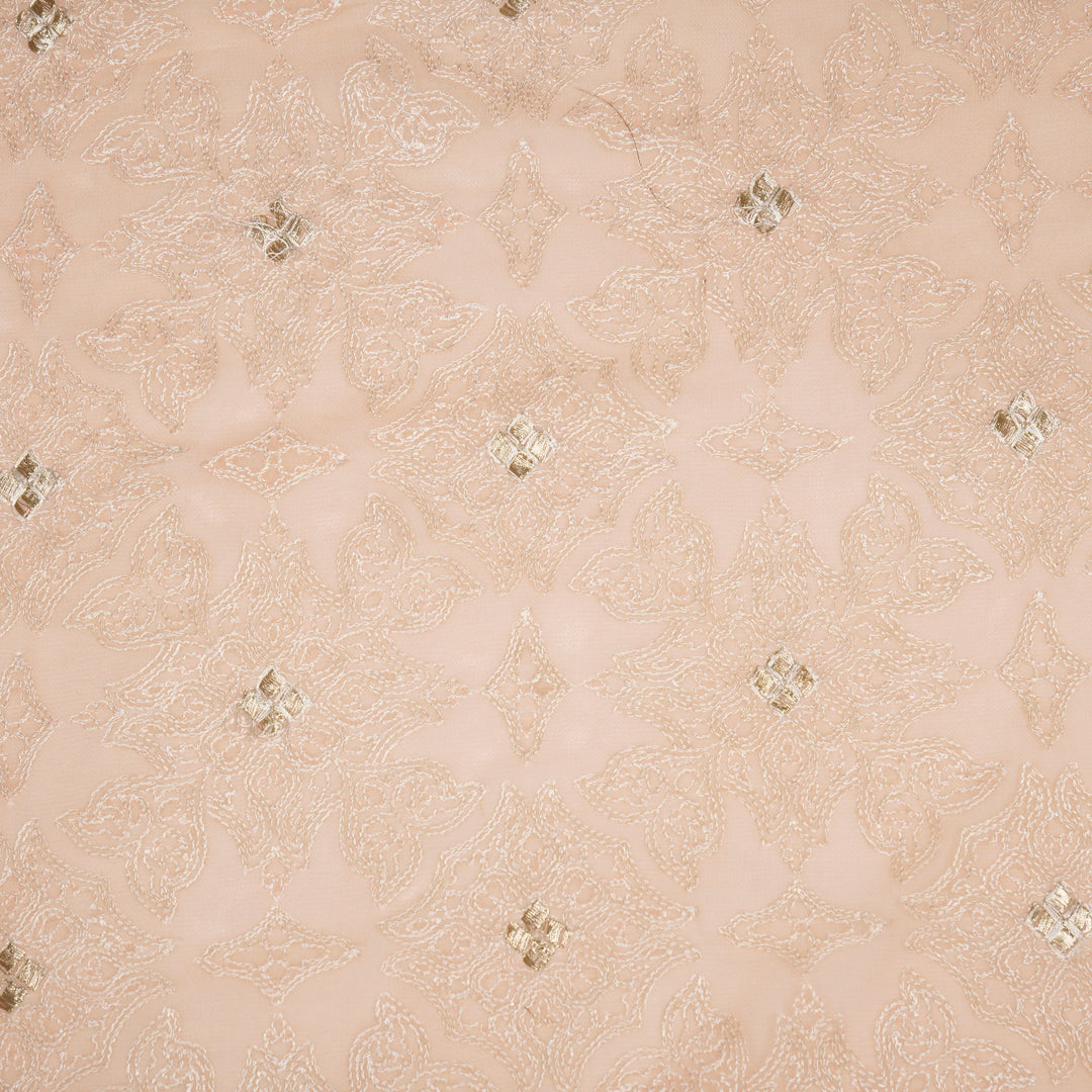 Afra Jaal on Peach Silk Chanderi Embroidered Fabric