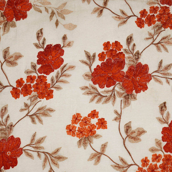 Bahar Jaal on Natural/Orange Silk Chanderi Embroidered Fabric