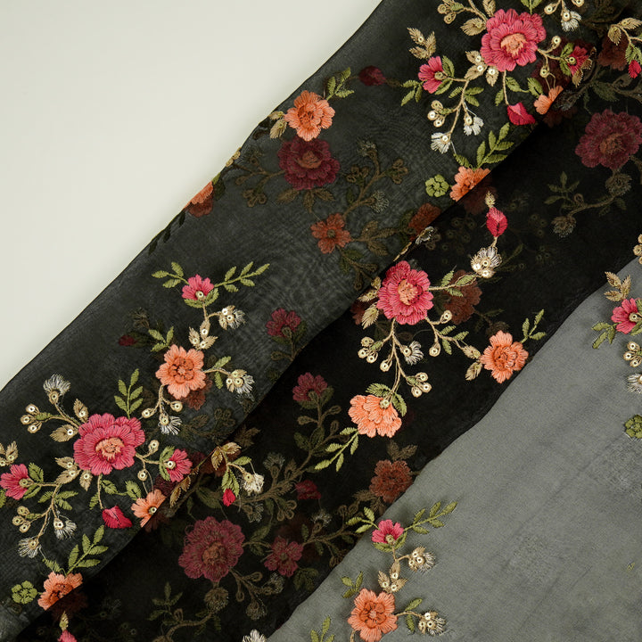 Saanjh Jaal on Black Silk Organza Embroidered Fabric