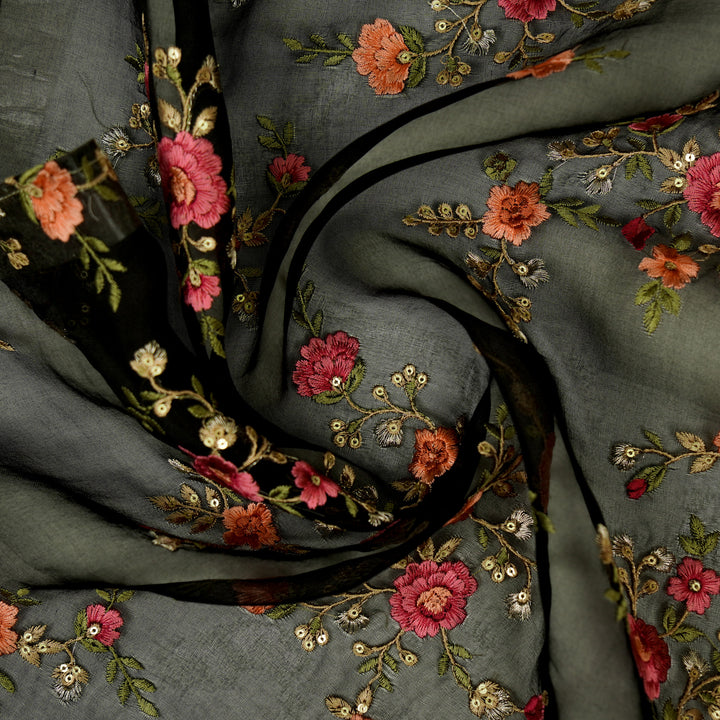 Saanjh Jaal on Black Silk Organza Embroidered Fabric