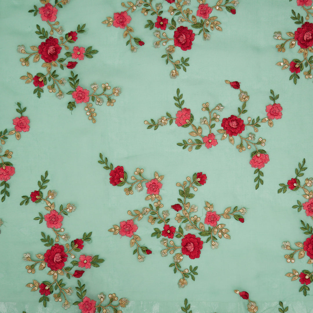 Saanjh Jaal on Aqua Green Silk Organza Embroidered Fabric