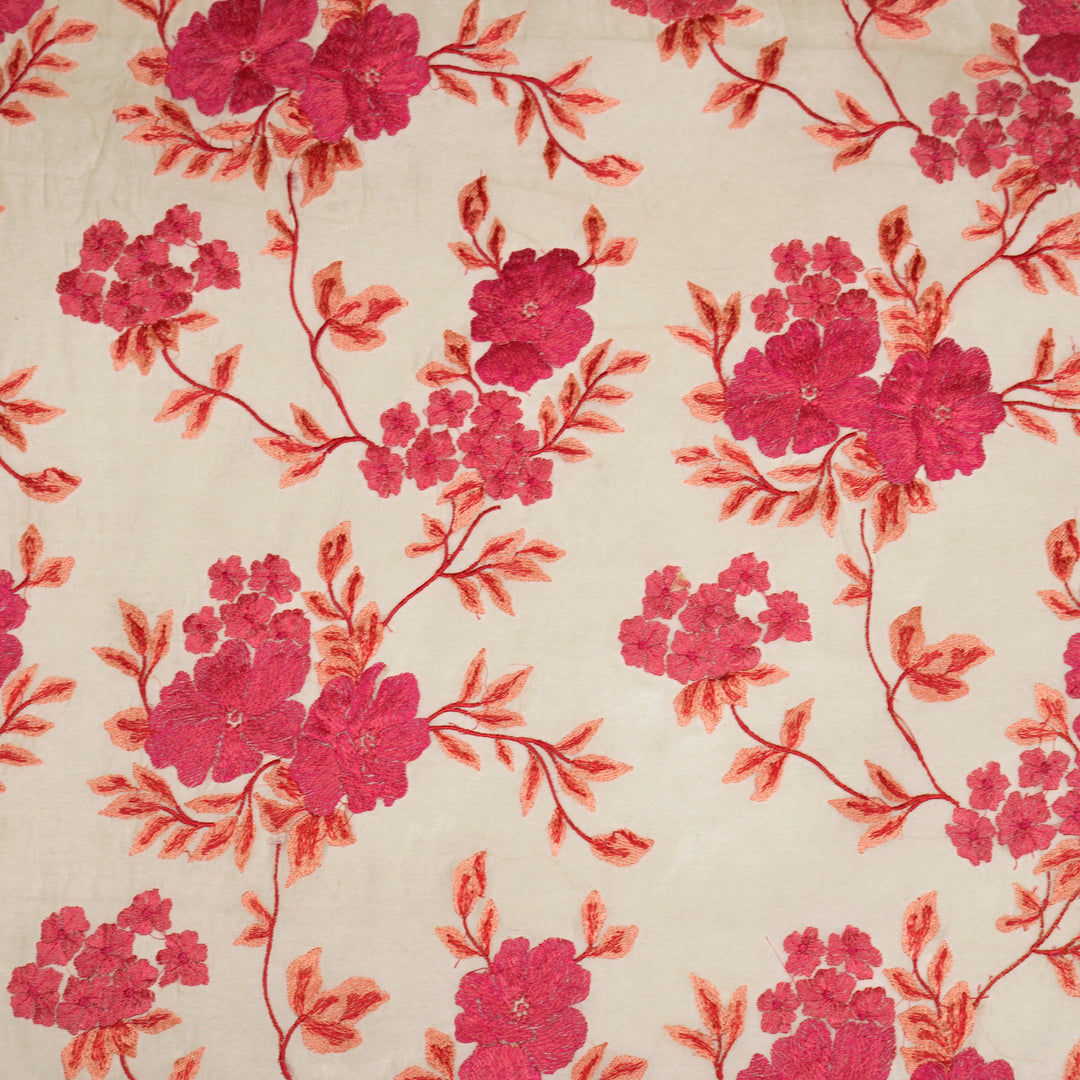 Bahar Jaal on Natural/Fuxia Silk Chanderi Embroidered Fabric