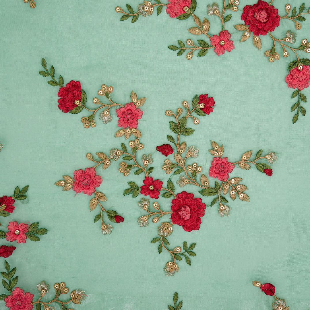 Saanjh Jaal on Aqua Green Silk Organza Embroidered Fabric
